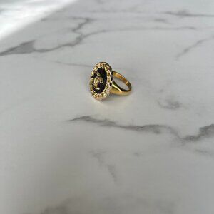 Vintage Upcycled Chanel CC Black & Gold Ring - 18k Gold-Plated - Size 7